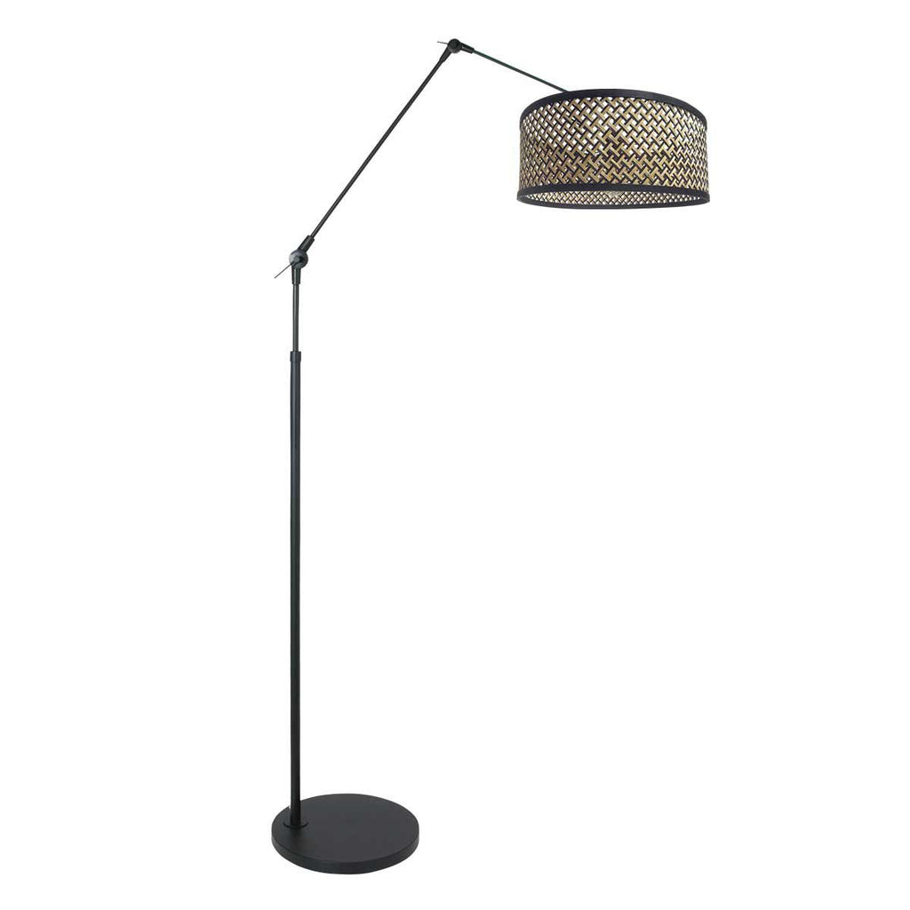 Zwarte vloerlamp / booglamp met bamboe/houten lampenkap