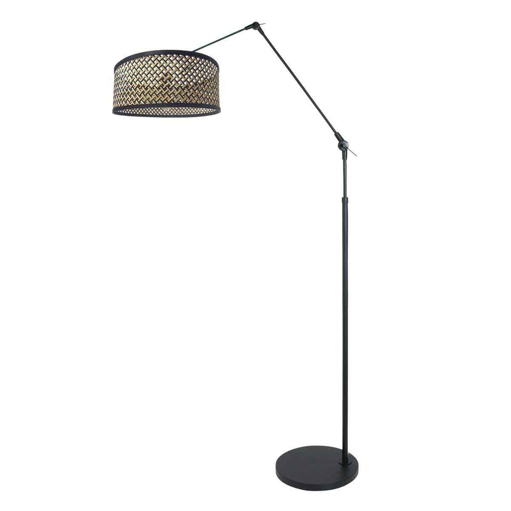 Zwarte vloerlamp / booglamp met bamboe/houten lampenkap