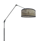 Zwarte vloerlamp / booglamp met bamboe/houten lampenkap