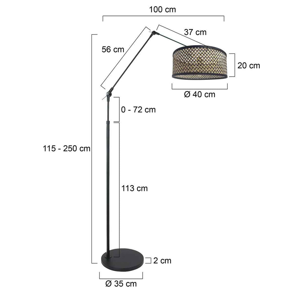 Zwarte vloerlamp / booglamp met bamboe/houten lampenkap