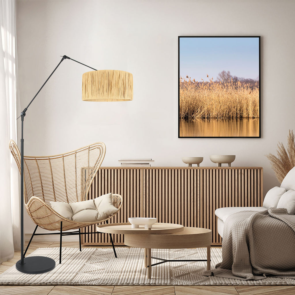 Zwarte vloerlamp / booglamp Prestige Chic 3793ZW met naturel gras kap
