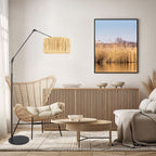 Zwarte vloerlamp / booglamp Prestige Chic 3793ZW met naturel gras kap