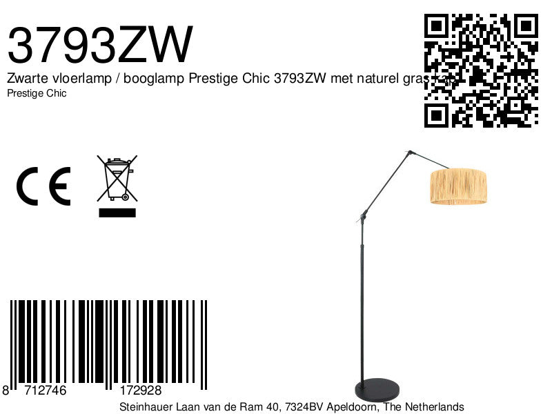 Zwarte vloerlamp / booglamp Prestige Chic 3793ZW met naturel gras kap