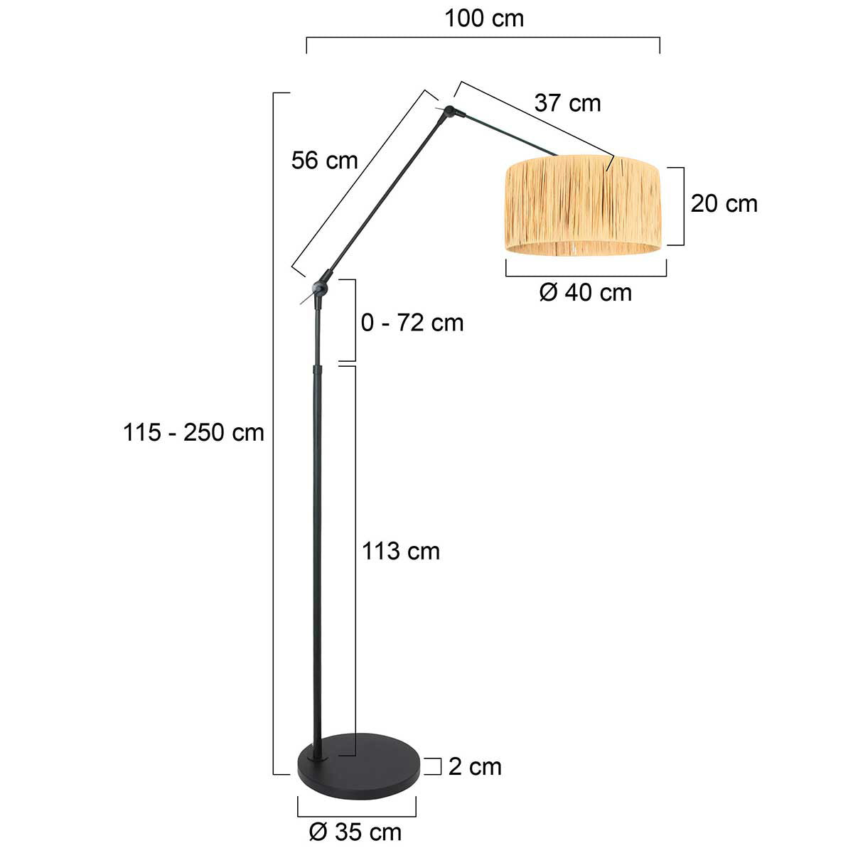 Zwarte vloerlamp / booglamp Prestige Chic 3793ZW met naturel gras kap