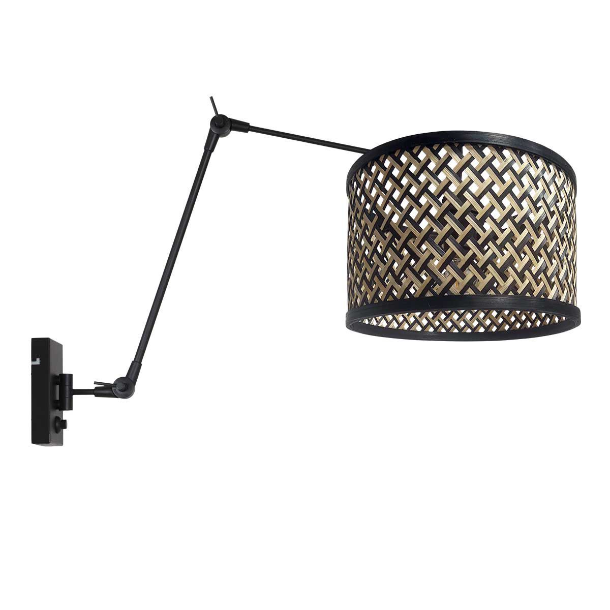 Zwarte wandlamp met bamboe/houten lampenkap