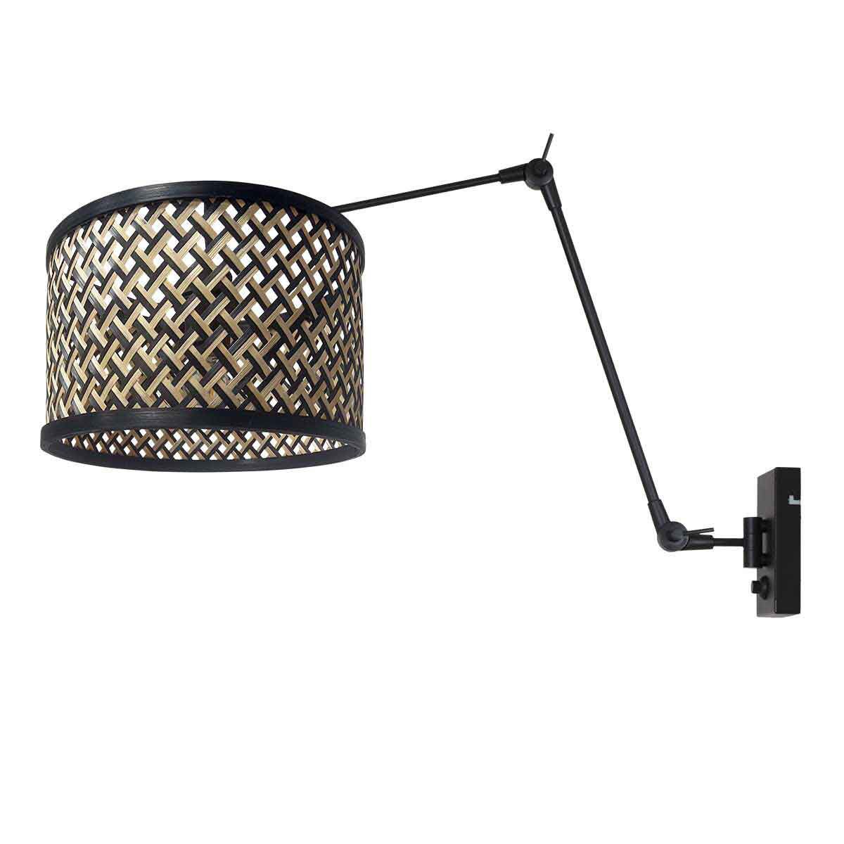 Zwarte wandlamp met bamboe/houten lampenkap