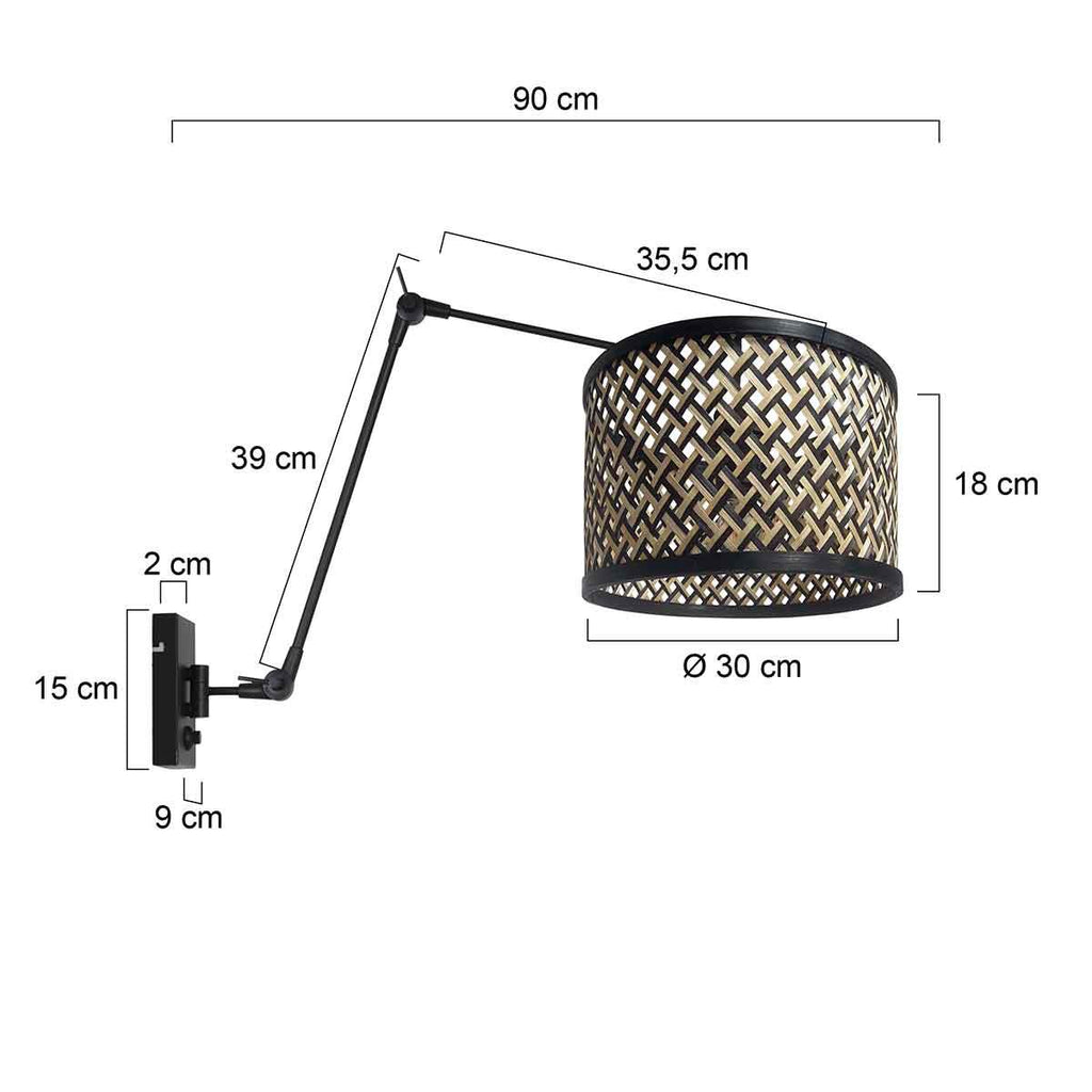Zwarte wandlamp met bamboe/houten lampenkap