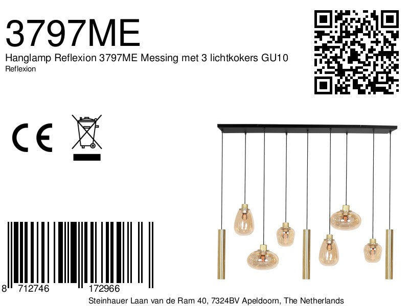 Hanglamp Reflexion 3797ME messing 9 lichts met amber glas