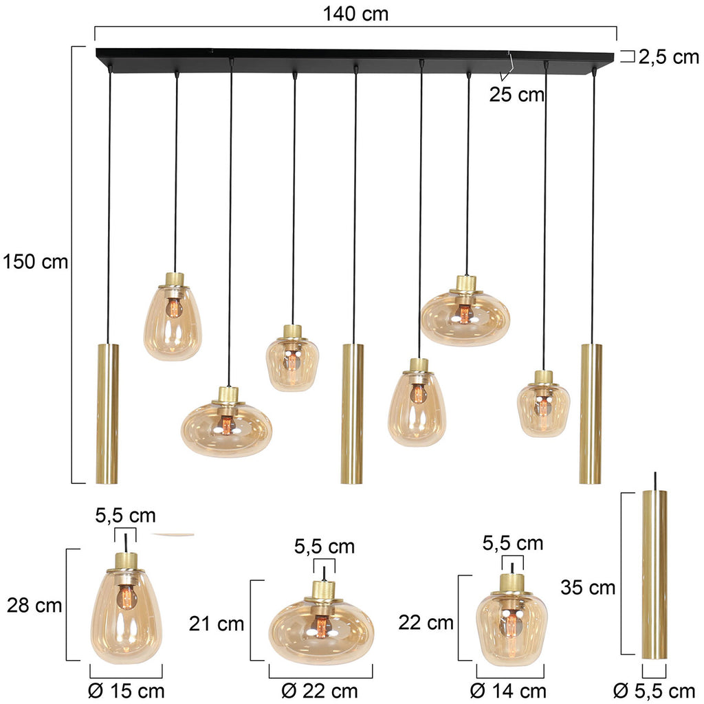 Hanglamp Reflexion 3797ME messing 9 lichts met amber glas
