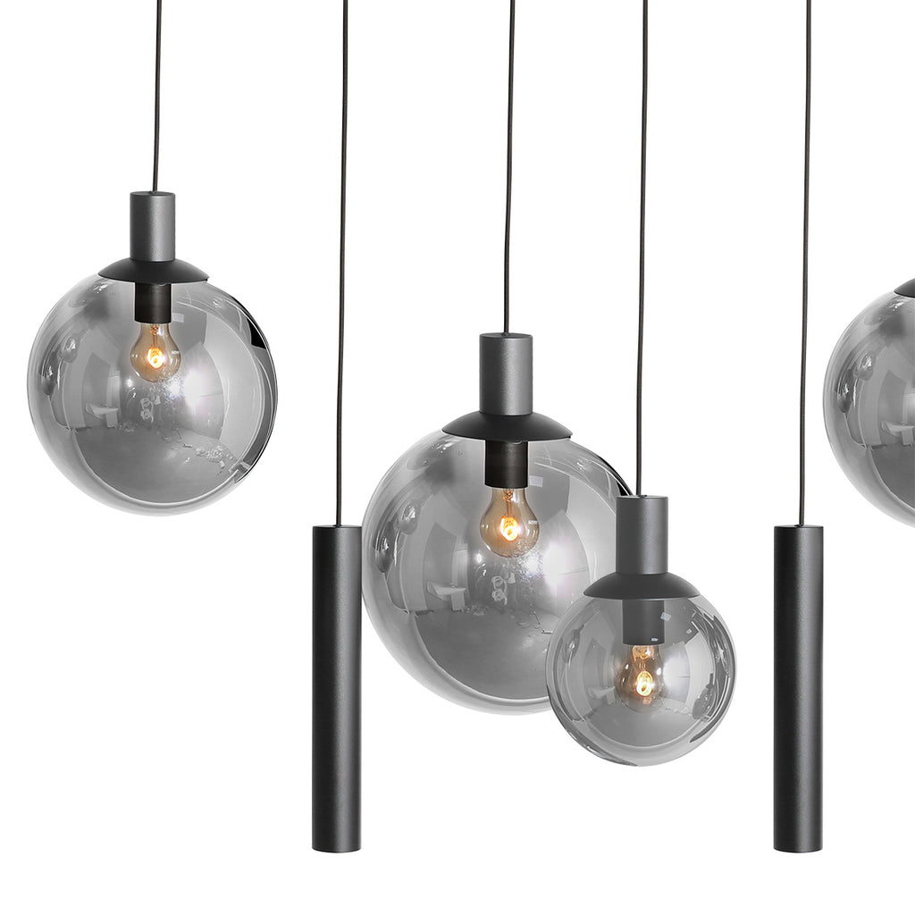 Hanglamp Bollique 3798ZW zwarte 9 lichts lamp met smoke glas
