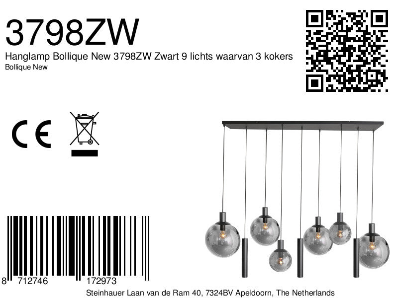 Hanglamp Bollique 3798ZW zwarte 9 lichts lamp met smoke glas