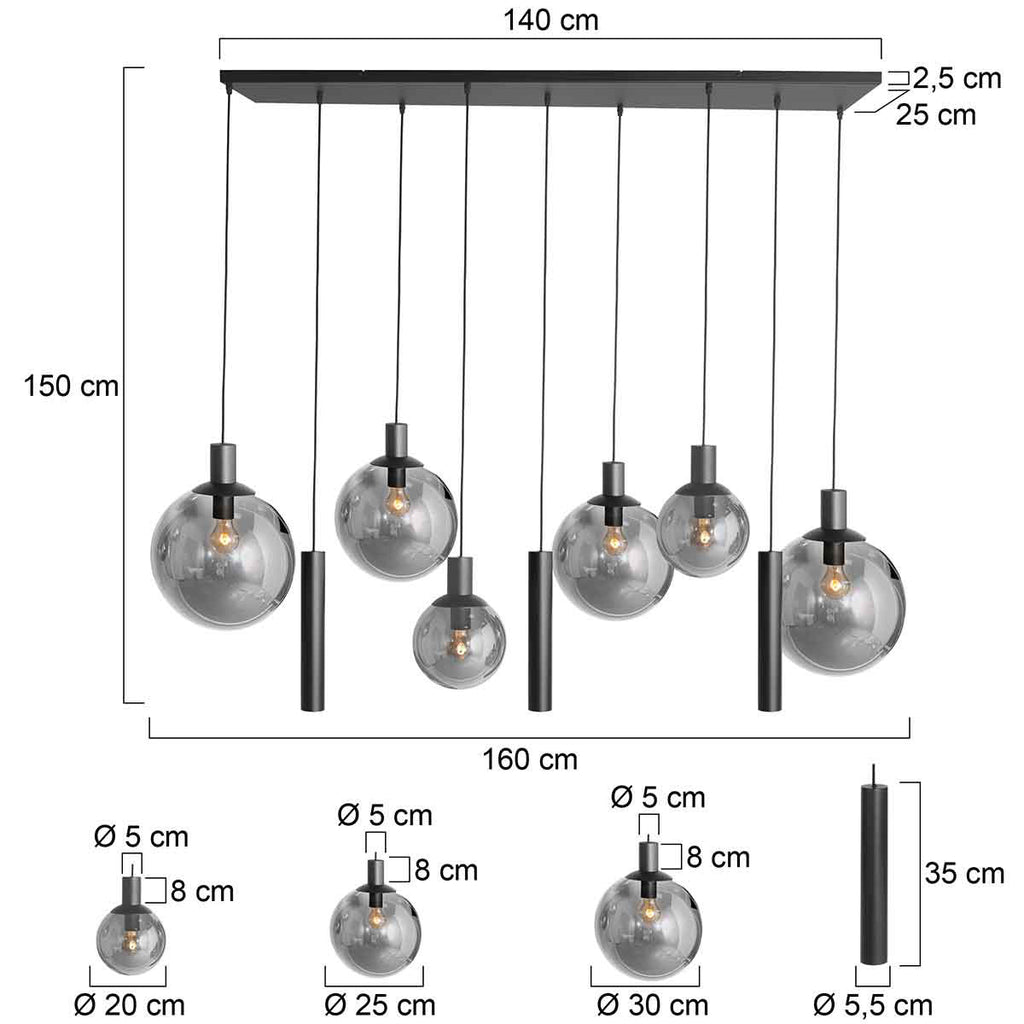 Hanglamp Bollique 3798ZW zwarte 9 lichts lamp met smoke glas