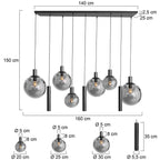 Hanglamp Bollique 3798ZW zwarte 9 lichts lamp met smoke glas
