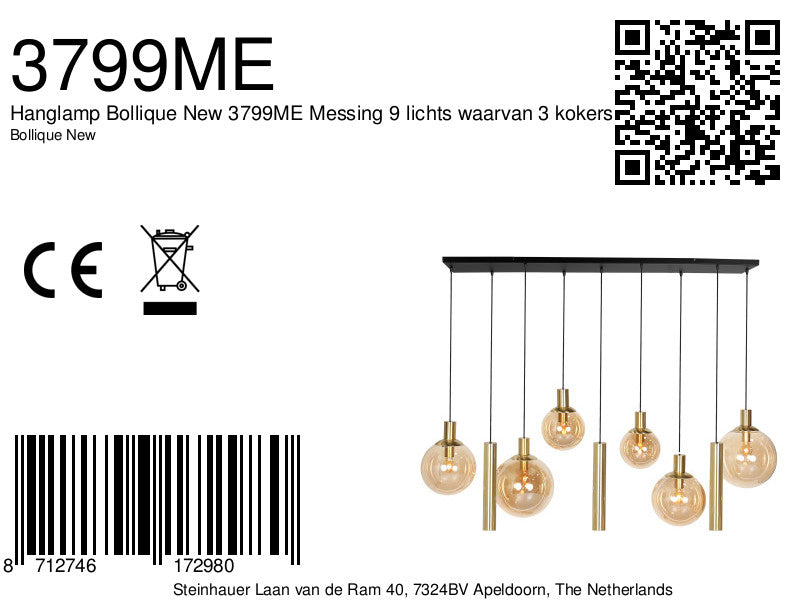 Hanglamp Bollique 3799ME messing 9 lichts met amber glas