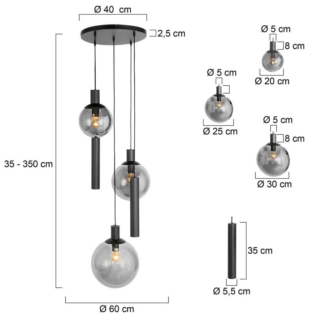 Hanglamp Bollique 3800ZW zwarte 5 lichts lamp met smoke glas