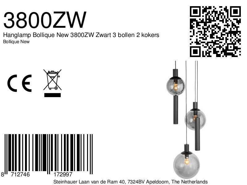 Hanglamp Bollique 3800ZW zwarte 5 lichts lamp met smoke glas
