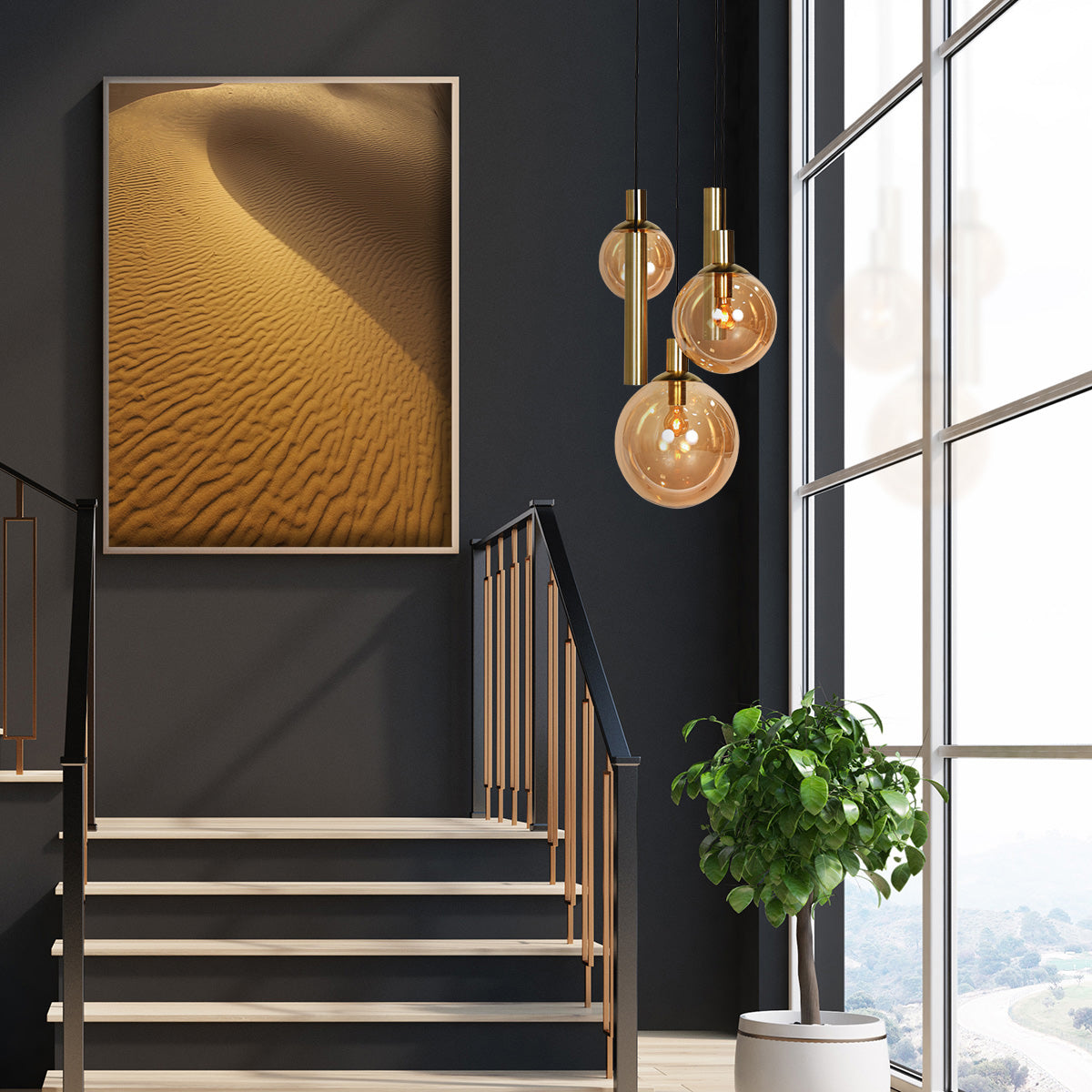 Hanglamp Bollique 3801ME messing 5 lichts met amber glas