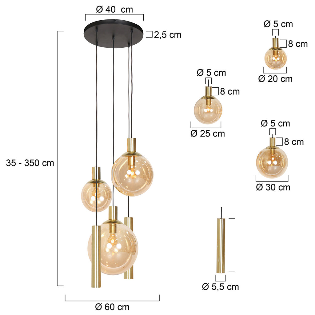 Hanglamp Bollique 3801ME messing 5 lichts met amber glas