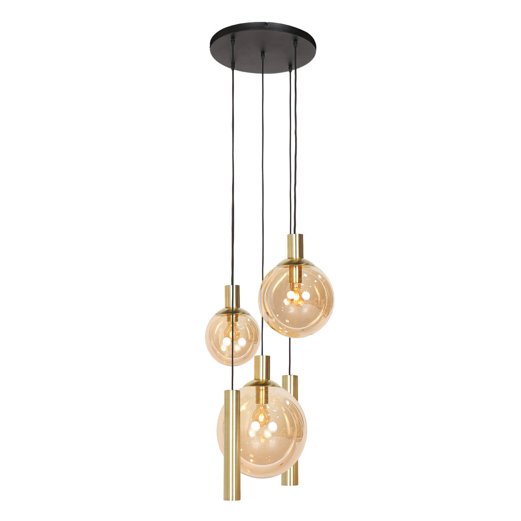 Hanglamp Bollique 3801ME messing 5 lichts met amber glas