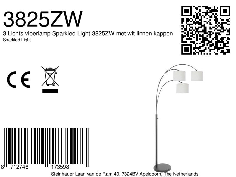 3-lichts vloerlamp Sparkled Light 3825ZW met grof wit linnen kappen