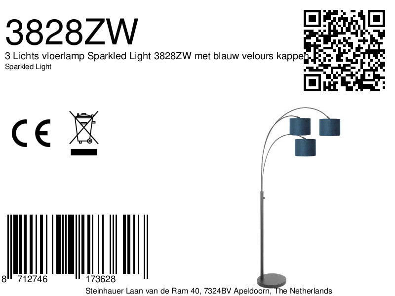 3-lichts vloerlamp Sparkled Light 3828ZW met blauw velours kappen
