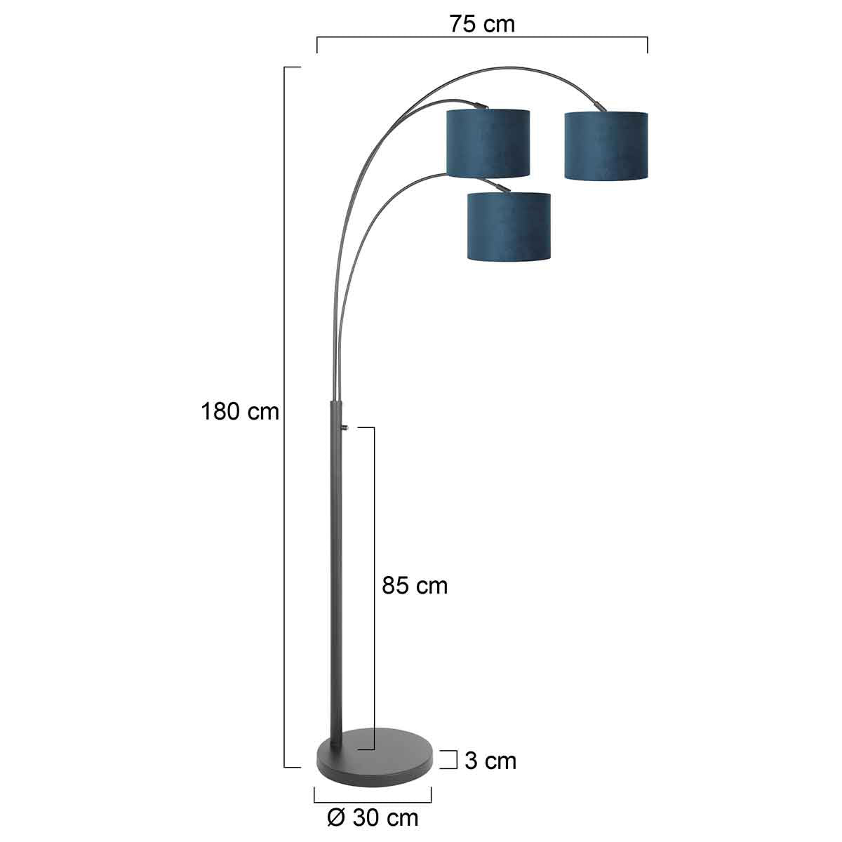 3-lichts vloerlamp Sparkled Light 3828ZW met blauw velours kappen