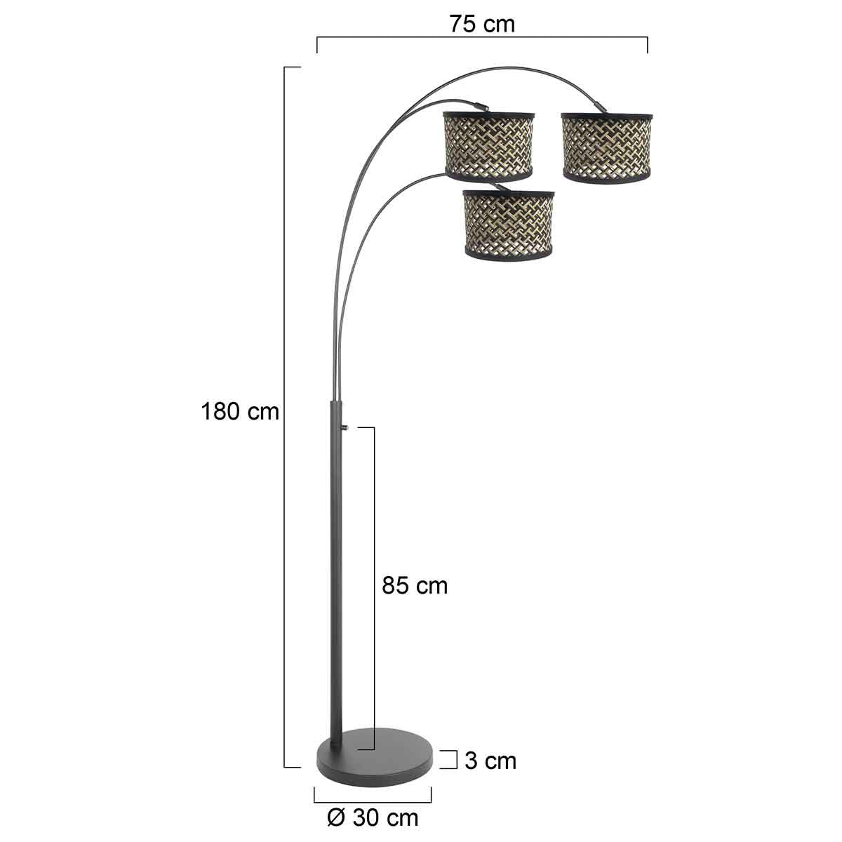 3-lichts vloerlamp Sparkled Light 3829ZW met naturel/zwart bamboe kappen