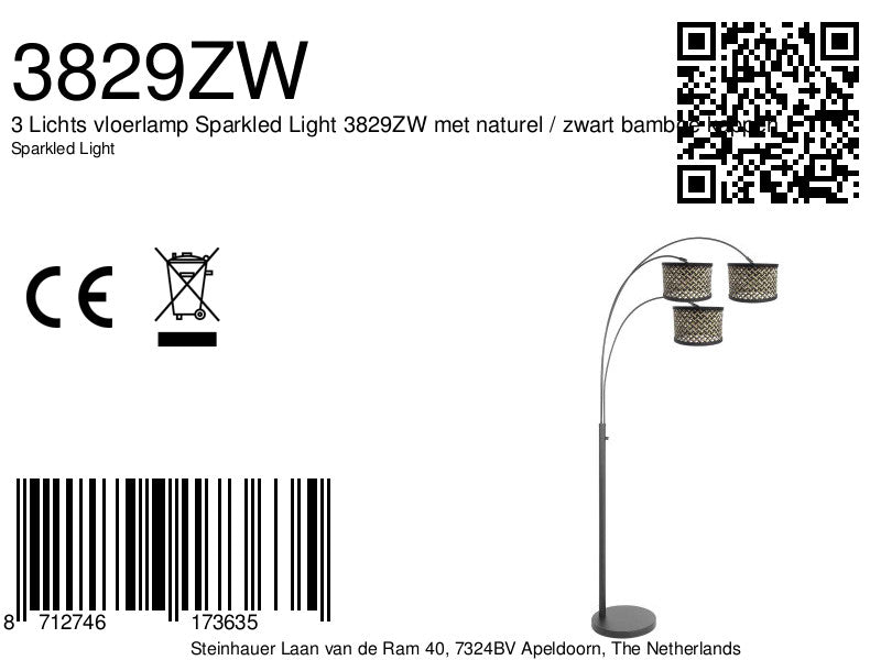 3-lichts vloerlamp Sparkled Light 3829ZW met naturel/zwart bamboe kappen