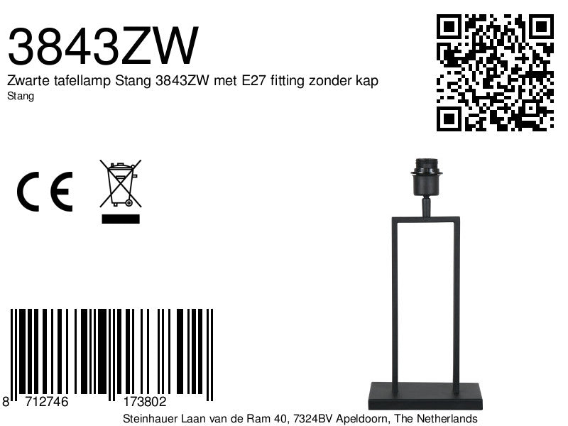 Tafellamp Stang 3843ZW zwarte tafellamp zonder kap met E27
