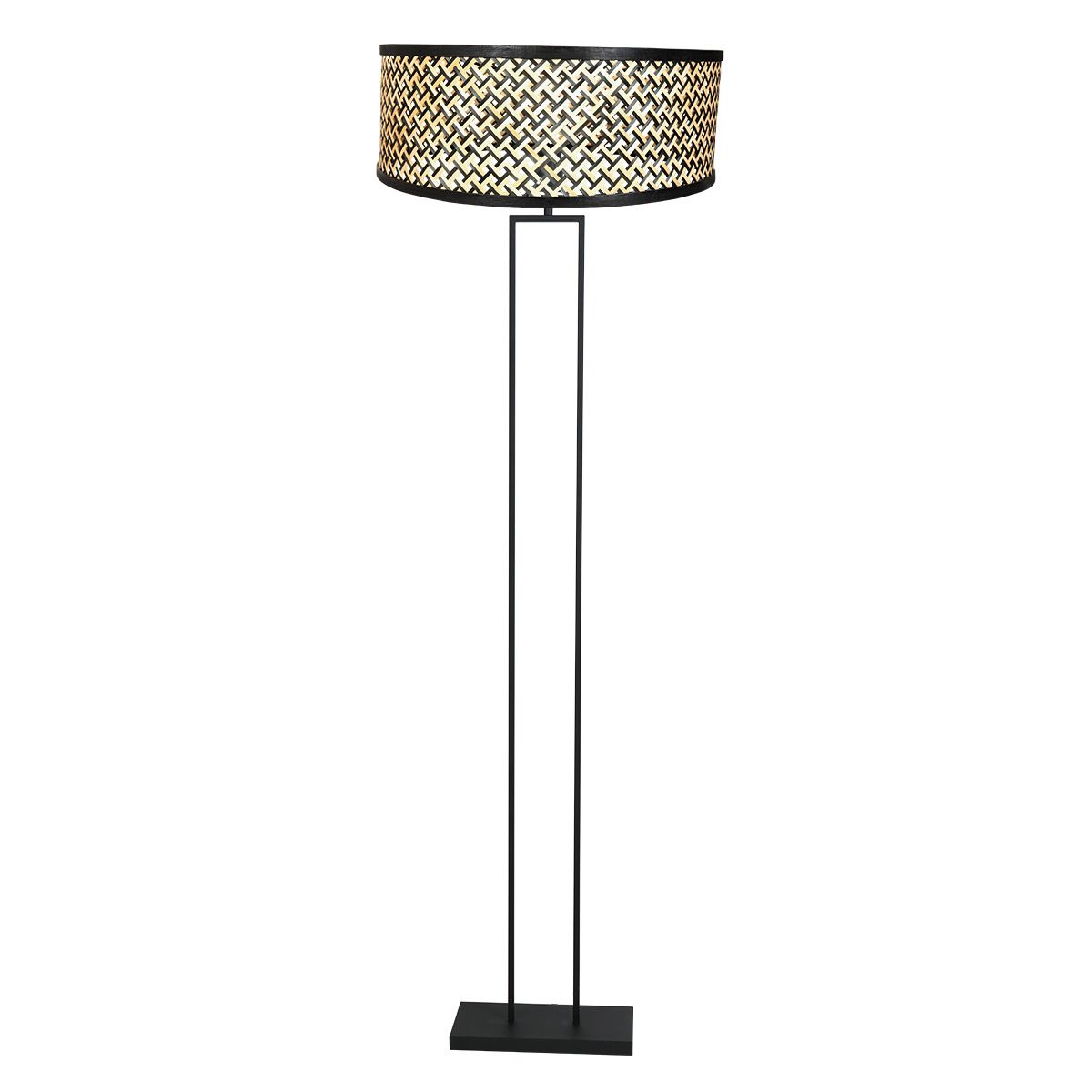 Zwarte staande lamp Stang 3845ZW met E27 fitting en naturel met zwart bamboe kap