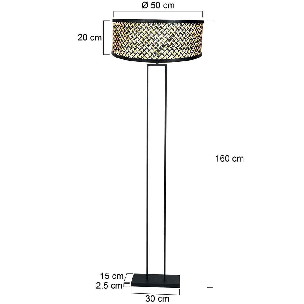 Zwarte staande lamp Stang 3845ZW met E27 fitting en naturel met zwart bamboe kap
