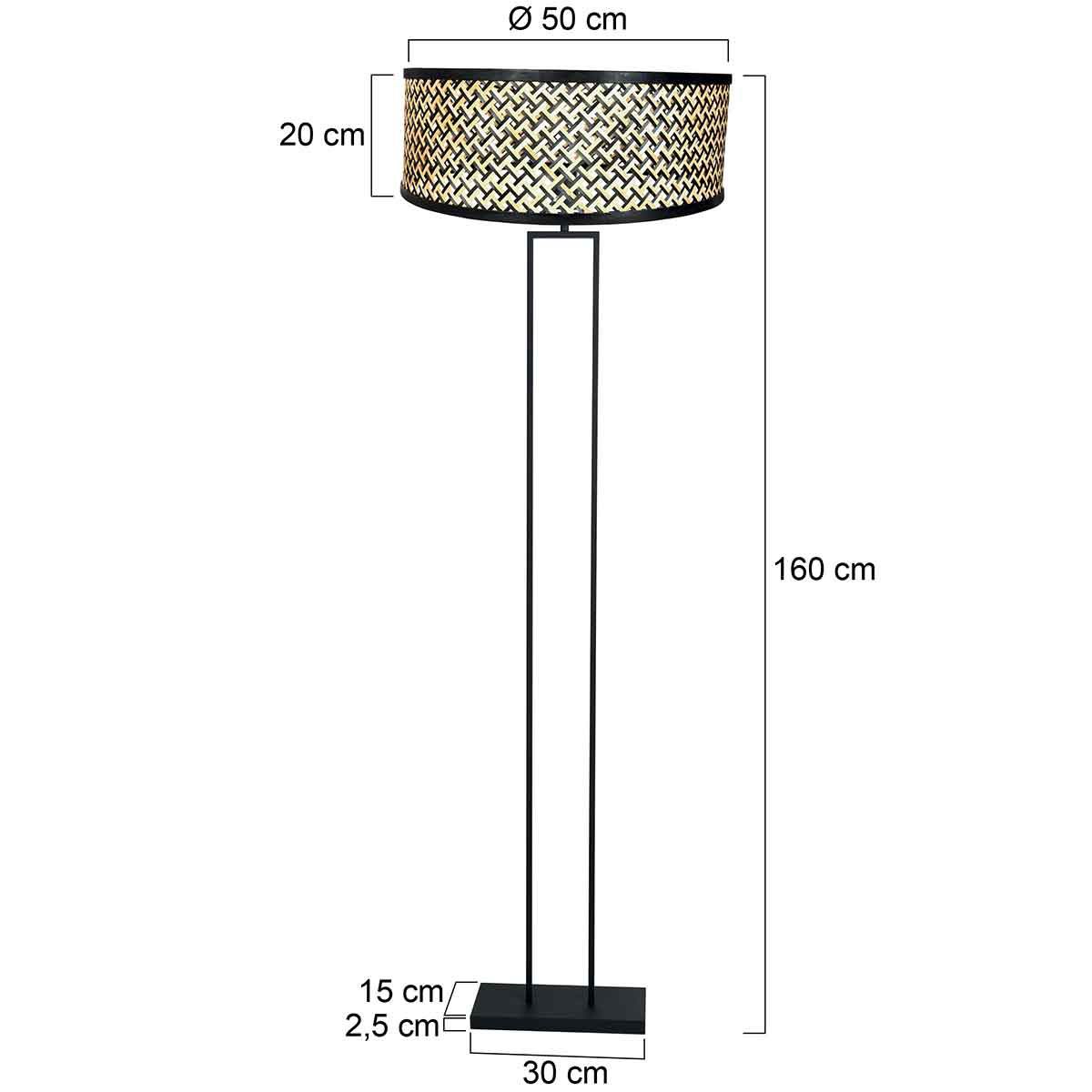 Zwarte staande lamp Stang 3845ZW met E27 fitting en naturel met zwart bamboe kap