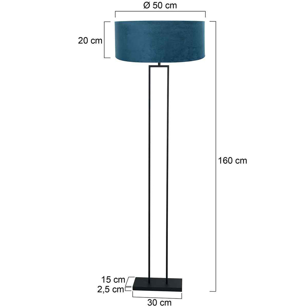 Zwarte staande lamp Stang 3854ZW met E27 fitting en blauw velours kap