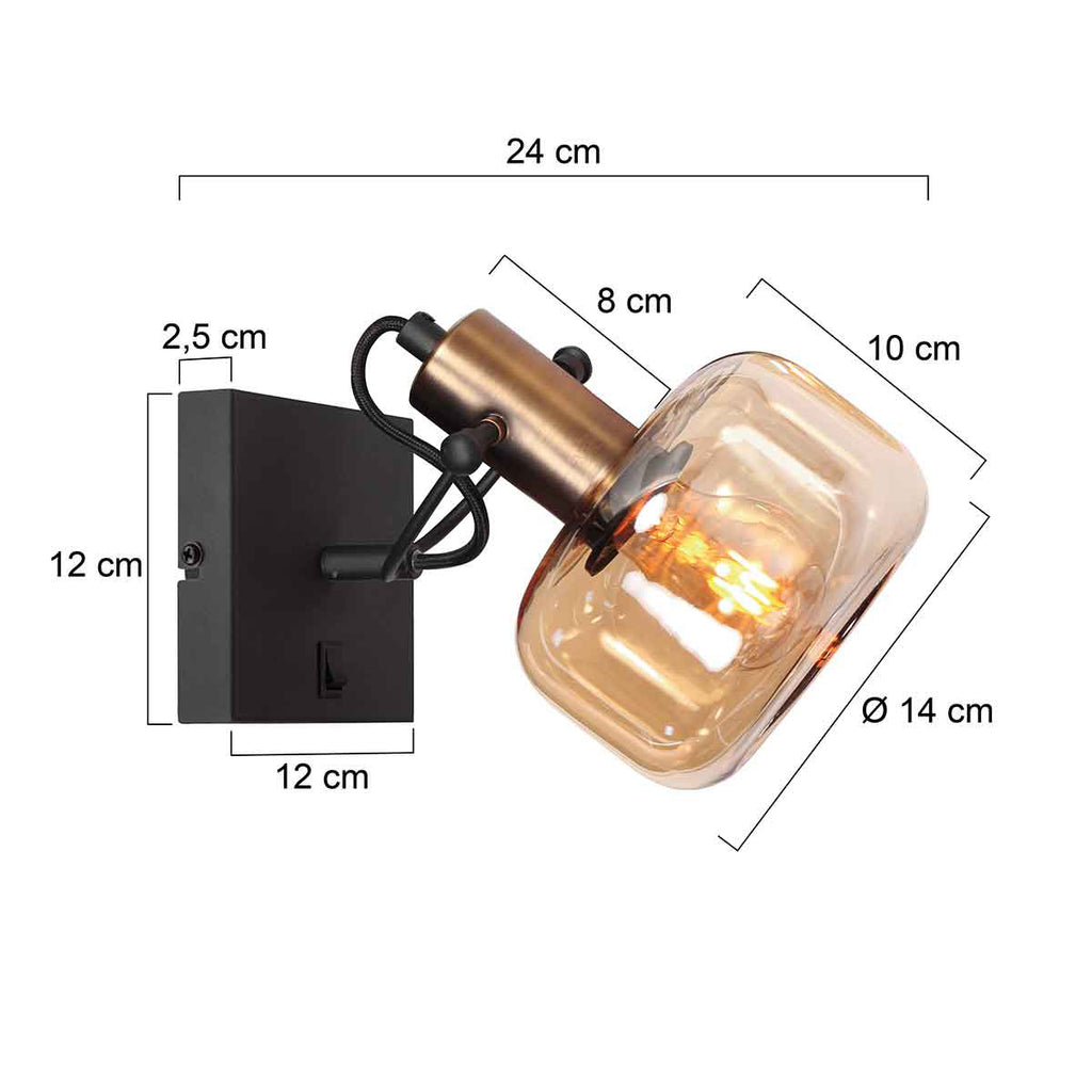 Wandlamp Glaslic 3864BR bronzen wandlamp met amber glas