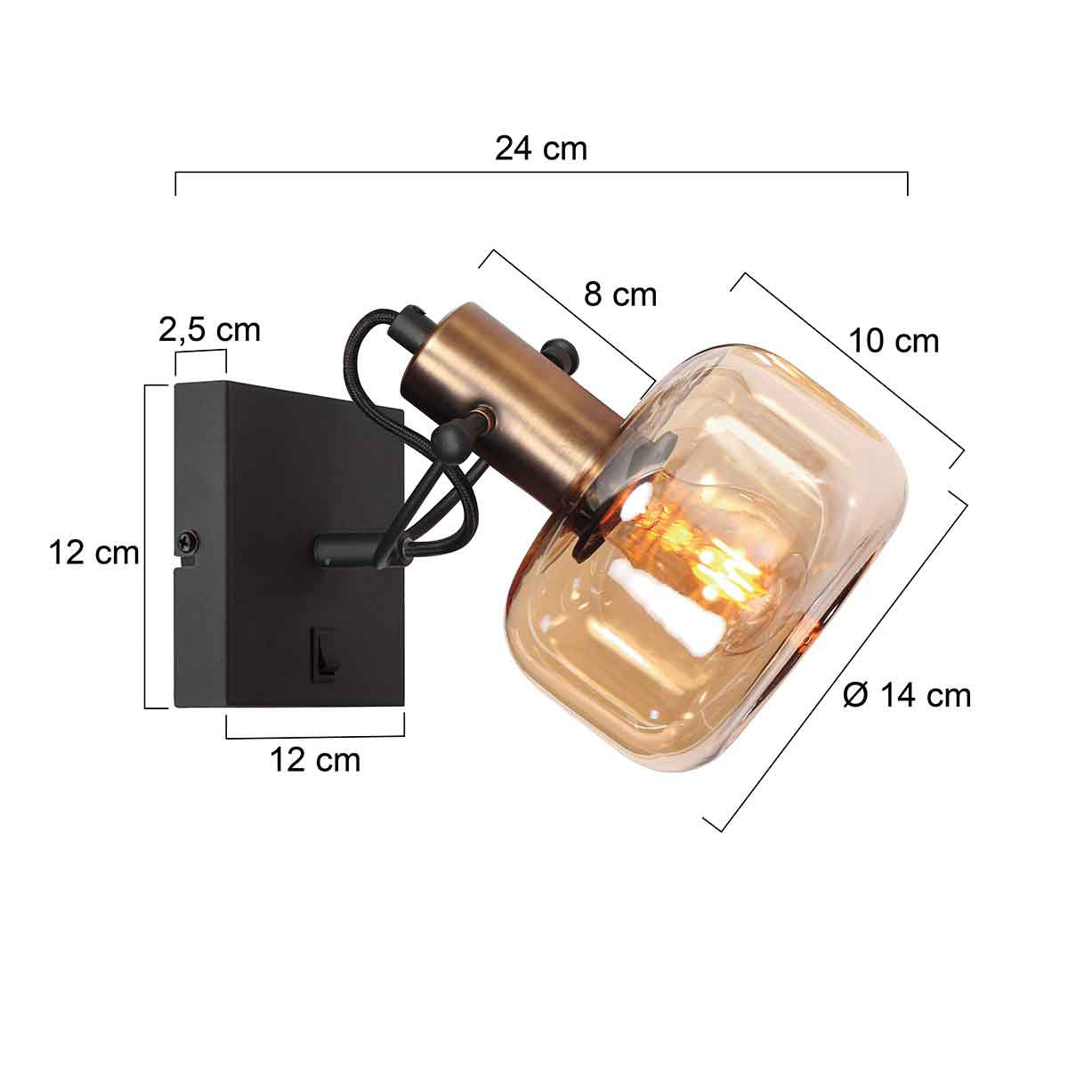 Wandlamp Glaslic 3864BR bronzen wandlamp met amber glas