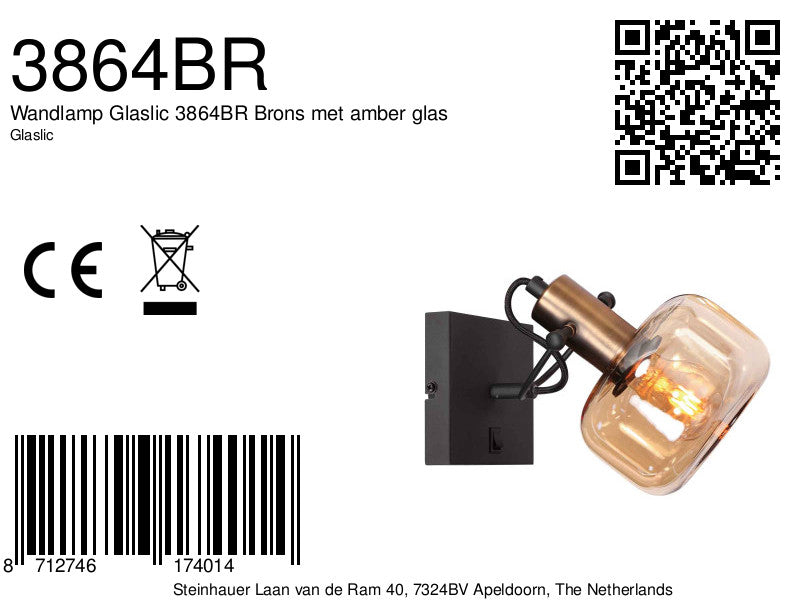 Wandlamp Glaslic 3864BR bronzen wandlamp met amber glas