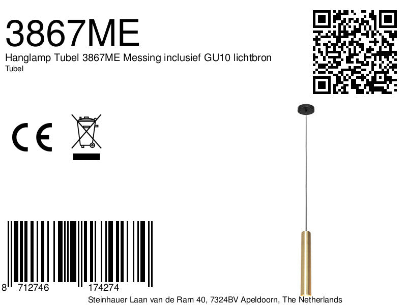 Hanglamp Tubel 3867ME Messing inclusief GU10 lichtbron