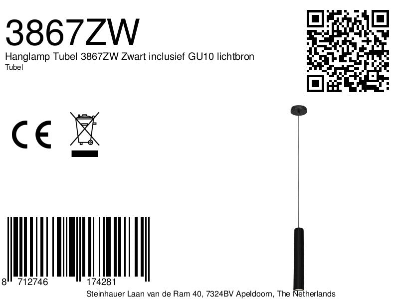Hanglamp Tubel 3867ZW Zwart inclusief GU10 lichtbron