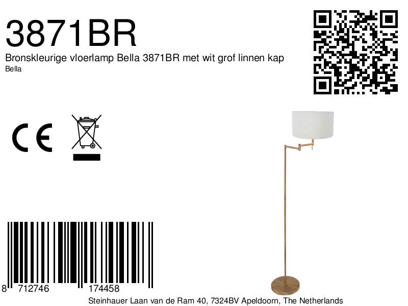 Bronskleurige vloerlamp Bella 3871BR met wit grof linnen kap