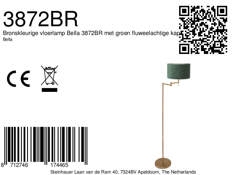 Bronskleurige vloerlamp Bella 3872BR met groen fluweelachtige kap