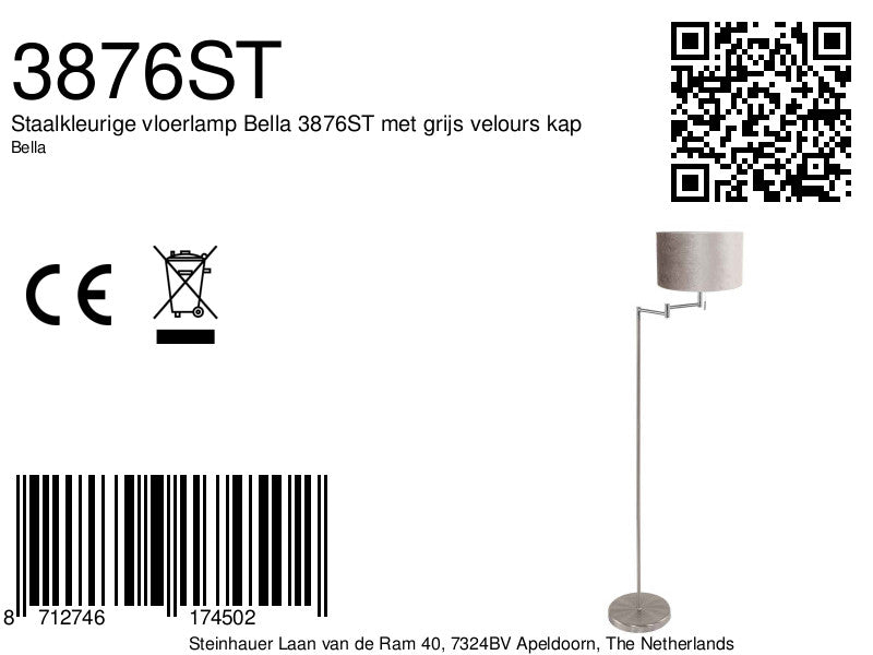 Staalkleurige vloerlamp Bella 3876ST met grijs velours kap