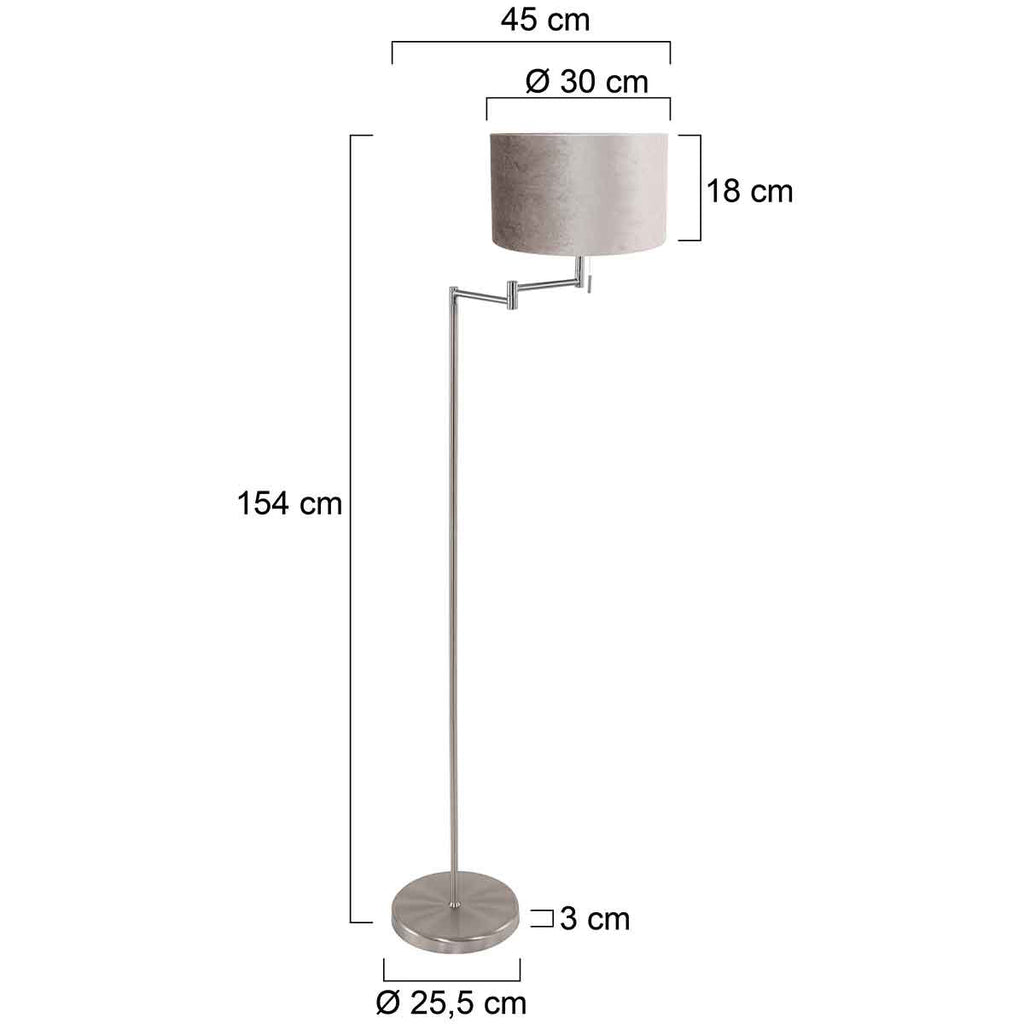 Staalkleurige vloerlamp Bella 3876ST met grijs velours kap