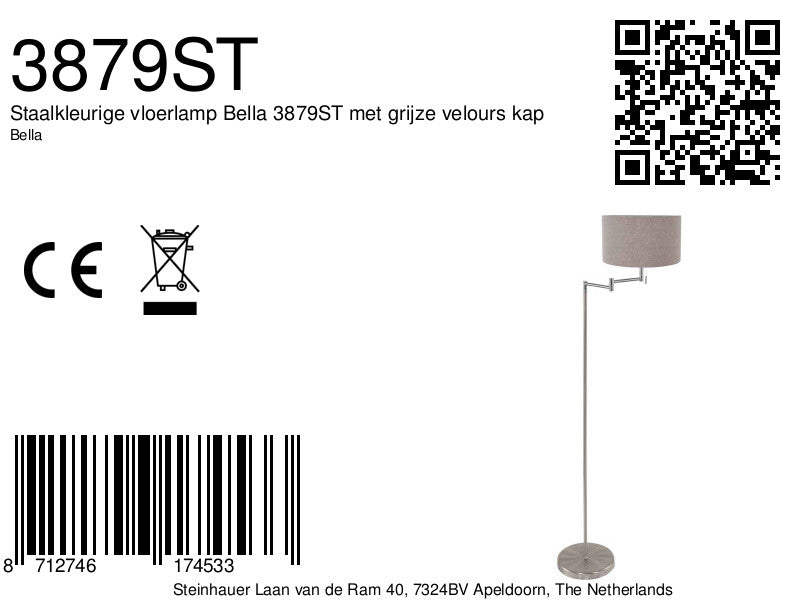 Staalkleurige vloerlamp Bella 3879ST met grijze velours kap