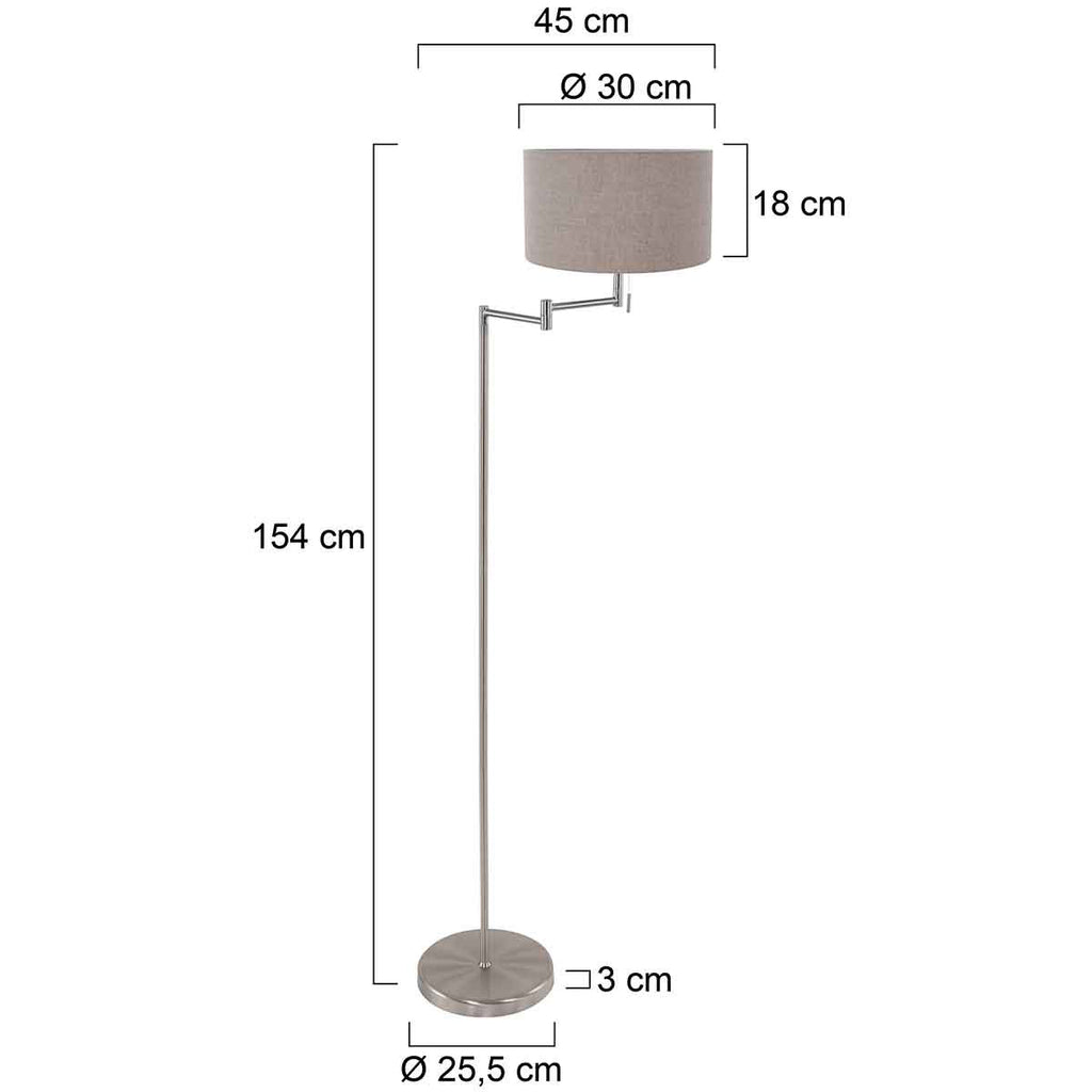Staalkleurige vloerlamp Bella 3879ST met grijze velours kap