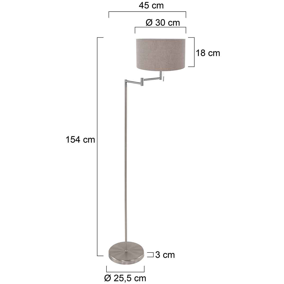 Staalkleurige vloerlamp Bella 3879ST met grijze velours kap