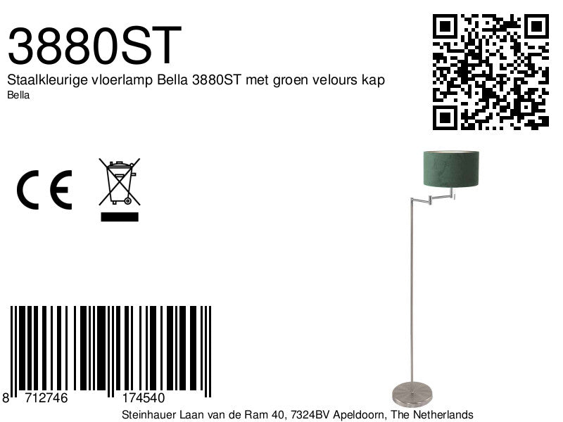 Staalkleurige vloerlamp Bella 3880ST met groen velours kap
