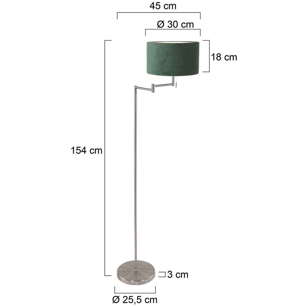 Staalkleurige vloerlamp Bella 3880ST met groen velours kap