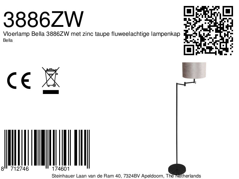Vloerlamp Bella 3886ZW met zinc taupe fluweelachtige lampenkap