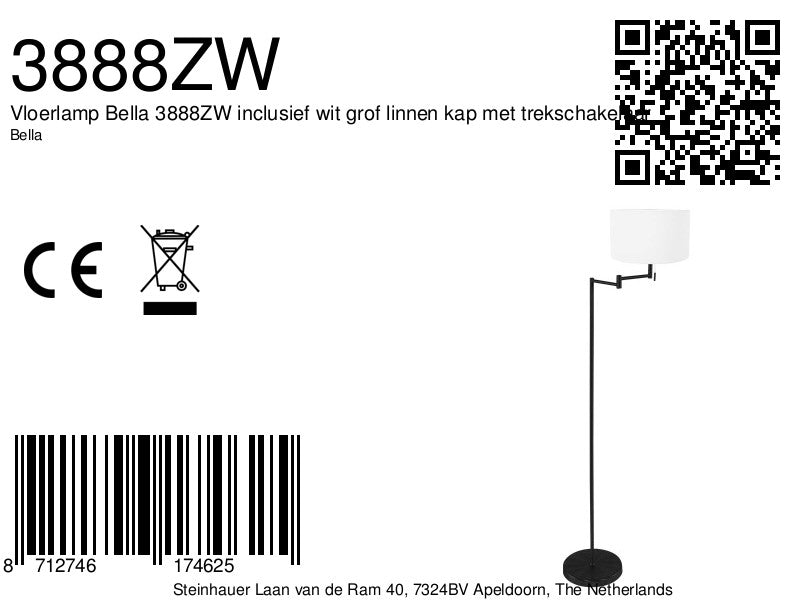 Vloerlamp Bella 3888ZW inclusief wit grof linnen kap met trekschakelaar