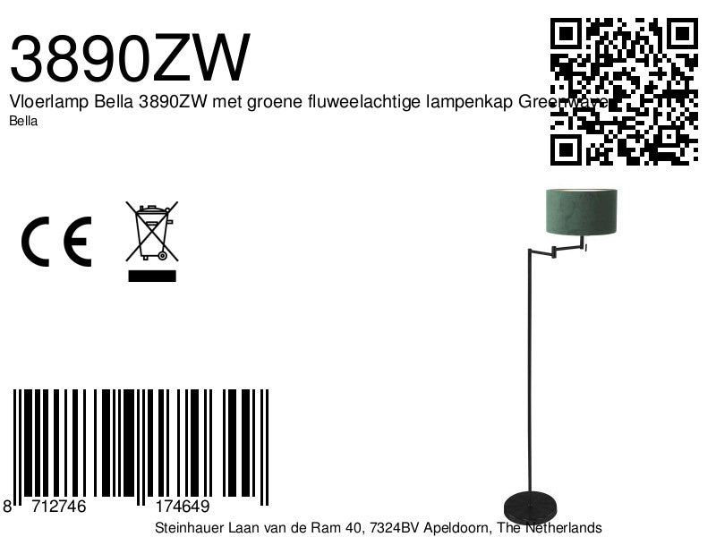 Vloerlamp Bella 3890ZW met groene fluweelachtige lampenkap Greenwave